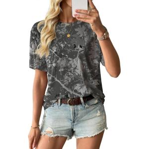image:imageEVALESS Womens Camo Shirt Summer Graphic Tee Crewneck Short Sleeve Oversized Maple Leaf Camouflage Print TopsBlack Camo