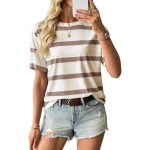 image:imageEVALESS Womens Camo Shirt Summer Graphic Tee Crewneck Short Sleeve Oversized Maple Leaf Camouflage Print TopsBrown Stripe