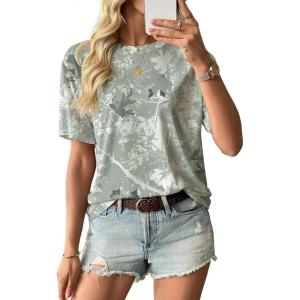image:imageEVALESS Womens Camo Shirt Summer Graphic Tee Crewneck Short Sleeve Oversized Maple Leaf Camouflage Print TopsGray Green Camo