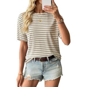 image:imageEVALESS Womens Camo Shirt Summer Graphic Tee Crewneck Short Sleeve Oversized Maple Leaf Camouflage Print TopsKhaki Stripe