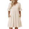 image:imageEVALESS Dresses for Women 2026 Casual V Neck Summer Dress Ruffle Short Sleeve Hollow Out Babydoll Mini Dress Cute High Waist A Line Dresses with Pockets Beige Large