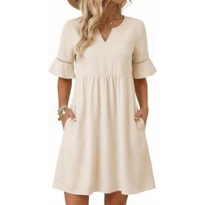 image:imageEVALESS Dresses for Women 2026 Casual V Neck Summer Dress Ruffle Short Sleeve Hollow Out Babydoll Mini Dress Cute High Waist A Line Dresses with Pockets Beige Large
