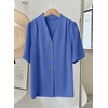 image:imageEVALESS Blouses for Women Dressy Casual Summer Short Sleeve Button Down Shirts Business Work TopsBlue