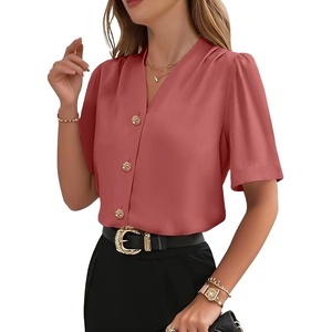 image:imageEVALESS Blouses for Women Dressy Casual Summer Short Sleeve Button Down Shirts Business Work TopsMineral Red