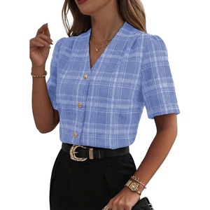 image:imageEVALESS Blouses for Women Dressy Casual Summer Short Sleeve Button Down Shirts Business Work TopsZ Beau Blueplaid