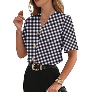 image:imageEVALESS Blouses for Women Dressy Casual Summer Short Sleeve Button Down Shirts Business Work TopsZ Blackplaid