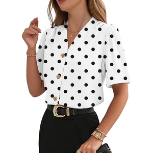 image:imageEVALESS Blouses for Women Dressy Casual Summer Short Sleeve Button Down Shirts Business Work TopsZ Whitepolka Dots