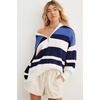 image:imageEVALESS Striped Sweaters for Women 2024 Casual Long Sleeve Lapel V Neck Quarter Zip Pullover Sweater Ribbed Knit Jumper TopsStriped Blue