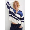 image:imageEVALESS Striped Sweaters for Women 2024 Casual Long Sleeve Lapel V Neck Quarter Zip Pullover Sweater Ribbed Knit Jumper TopsStriped Blue