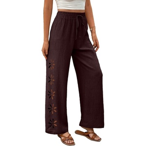image:imageEVALESS Womens Beach Pants Summer Boho Drawstring Elastic Waist Hollow Out Textured Wide Leg Vacation ClothesChicory Coffee
