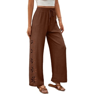 image:imageEVALESS Womens Beach Pants Summer Boho Drawstring Elastic Waist Hollow Out Textured Wide Leg Vacation ClothesCoffee