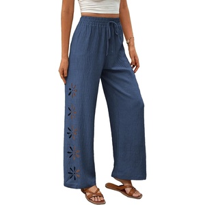 image:imageEVALESS Womens Beach Pants Summer Boho Drawstring Elastic Waist Hollow Out Textured Wide Leg Vacation ClothesDirty Blue