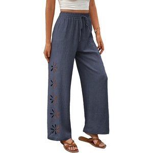 image:imageEVALESS Womens Beach Pants Summer Boho Drawstring Elastic Waist Hollow Out Textured Wide Leg Vacation ClothesSleet