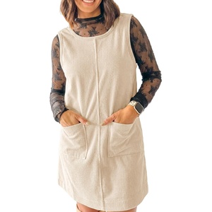 image:imageEVALESS Fall Dresses for Women 2026 Casual Corduroy Overall Dress Sleeveless Pinafore Mini Dress Jumper Dresses with PocketsBeige