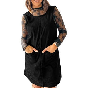 image:imageEVALESS Fall Dresses for Women 2026 Casual Corduroy Overall Dress Sleeveless Pinafore Mini Dress Jumper Dresses with PocketsBlack