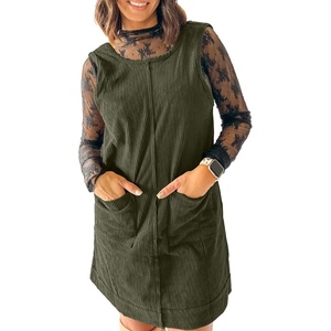 image:imageEVALESS Fall Dresses for Women 2026 Casual Corduroy Overall Dress Sleeveless Pinafore Mini Dress Jumper Dresses with PocketsGreen
