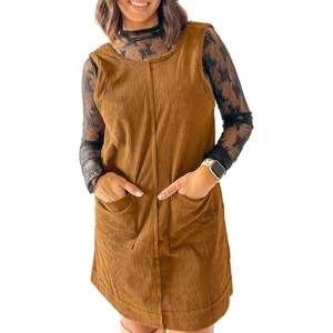 image:imageEVALESS Fall Dresses for Women 2026 Casual Corduroy Overall Dress Sleeveless Pinafore Mini Dress Jumper Dresses with PocketsYellow