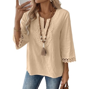 image:imageEVALESS 34 Length Sleeve Womens Tops Summer Boho Lace V Neck Shirts Trendy Dressy Casual Work Cute Blouses Vacation ClothesParchment