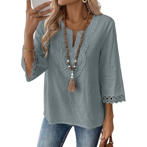 image:imageEVALESS 34 Length Sleeve Womens Tops Summer Boho Lace V Neck Shirts Trendy Dressy Casual Work Cute Blouses Vacation ClothesStone Blue