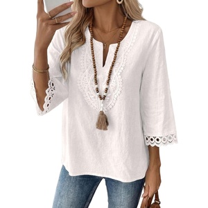 image:imageEVALESS 34 Length Sleeve Womens Tops Summer Boho Lace V Neck Shirts Trendy Dressy Casual Work Cute Blouses Vacation ClothesWhite