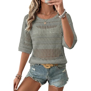 image:imageEVALESS Womens Summer Crochet Tops Half Sleeve Hollow Out Beach Vacation Clothes Resort Wear Cruise OutfitsGrass Green