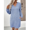 image:imageEVALESS Womens Fall Dresses 2026 Long Sleeve V Neck Casual Dress Textured Loose Fit Shift Mini Dress with PocketsBeau Blue
