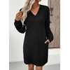 image:imageEVALESS Womens Fall Dresses 2026 Long Sleeve V Neck Casual Dress Textured Loose Fit Shift Mini Dress with PocketsBlack
