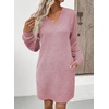 image:imageEVALESS Womens Fall Dresses 2026 Long Sleeve V Neck Casual Dress Textured Loose Fit Shift Mini Dress with PocketsFushia