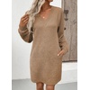 image:imageEVALESS Womens Fall Dresses 2026 Long Sleeve V Neck Casual Dress Textured Loose Fit Shift Mini Dress with PocketsKhaki