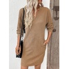 image:imageEVALESS Womens Fall Dresses 2026 Long Sleeve V Neck Casual Dress Textured Loose Fit Shift Mini Dress with PocketsLight French Beige