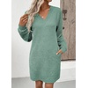 image:imageEVALESS Womens Fall Dresses 2026 Long Sleeve V Neck Casual Dress Textured Loose Fit Shift Mini Dress with PocketsMist Green