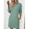 image:imageEVALESS Womens Fall Dresses 2026 Long Sleeve V Neck Casual Dress Textured Loose Fit Shift Mini Dress with PocketsMist Green