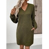 image:imageEVALESS Womens Fall Dresses 2026 Long Sleeve V Neck Casual Dress Textured Loose Fit Shift Mini Dress with PocketsMoss Green