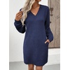 image:imageEVALESS Womens Fall Dresses 2026 Long Sleeve V Neck Casual Dress Textured Loose Fit Shift Mini Dress with PocketsNavy Blue