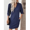 image:imageEVALESS Womens Fall Dresses 2026 Long Sleeve V Neck Casual Dress Textured Loose Fit Shift Mini Dress with PocketsNavy Blue