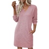 image:imageEVALESS Womens Fall Dresses 2026 Long Sleeve V Neck Casual Dress Textured Loose Fit Shift Mini Dress with PocketsFushia