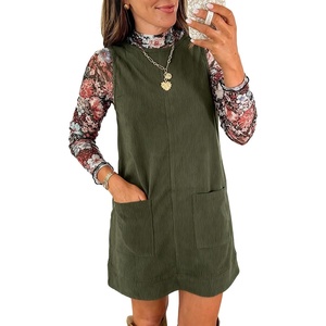 image:imageEVALESS Womens Corduroy Overall Dress Sleeveless Pinafore Pockets  Soft Wale Texture a Line Layering Fit Teacher Office 2026 Fall OutfitsGreen