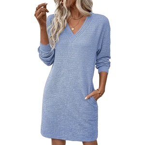 image:imageEVALESS Womens Fall Dresses 2026 Long Sleeve V Neck Casual Dress Textured Loose Fit Shift Mini Dress with PocketsBeau Blue