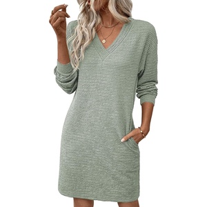 image:imageEVALESS Womens Fall Dresses 2026 Long Sleeve V Neck Casual Dress Textured Loose Fit Shift Mini Dress with PocketsClearly Aqua