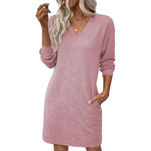 image:imageEVALESS Womens Fall Dresses 2026 Long Sleeve V Neck Casual Dress Textured Loose Fit Shift Mini Dress with PocketsFushia