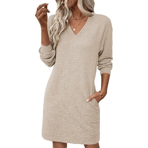 image:imageEVALESS Womens Fall Dresses 2026 Long Sleeve V Neck Casual Dress Textured Loose Fit Shift Mini Dress with PocketsKhaki