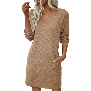 image:imageEVALESS Womens Fall Dresses 2026 Long Sleeve V Neck Casual Dress Textured Loose Fit Shift Mini Dress with PocketsLight French Beige