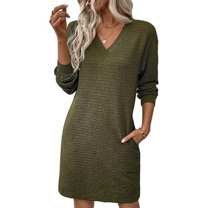 image:imageEVALESS Womens Fall Dresses 2026 Long Sleeve V Neck Casual Dress Textured Loose Fit Shift Mini Dress with PocketsMoss Green