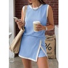 image:imageEVALESS 2 Piece Sets Women Summer Workout Outfits  Ribbed Knit Tank Top and Lined Split Skirt Womens Two Pieces Lounge Matching Set Travel Vacation Athletic Casual WearBeau Blue