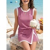 image:imageEVALESS 2 Piece Sets Women Summer Workout Outfits  Ribbed Knit Tank Top and Lined Split Skirt Womens Two Pieces Lounge Matching Set Travel Vacation Athletic Casual WearPitaya Pink