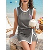 image:imageEVALESS 2 Piece Sets Women Summer Workout Outfits  Ribbed Knit Tank Top and Lined Split Skirt Womens Two Pieces Lounge Matching Set Travel Vacation Athletic Casual WearGrey