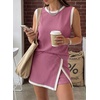 image:imageEVALESS 2 Piece Sets Women Summer Workout Outfits  Ribbed Knit Tank Top and Lined Split Skirt Womens Two Pieces Lounge Matching Set Travel Vacation Athletic Casual WearPitaya Pink