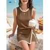 image:imageEVALESS 2 Piece Sets Women Summer Workout Outfits  Ribbed Knit Tank Top and Lined Split Skirt Womens Two Pieces Lounge Matching Set Travel Vacation Athletic Casual WearCoffee