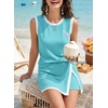 image:imageEVALESS 2 Piece Sets Women Summer Workout Outfits  Ribbed Knit Tank Top and Lined Split Skirt Womens Two Pieces Lounge Matching Set Travel Vacation Athletic Casual WearAruba Blue