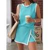 image:imageEVALESS 2 Piece Sets Women Summer Workout Outfits  Ribbed Knit Tank Top and Lined Split Skirt Womens Two Pieces Lounge Matching Set Travel Vacation Athletic Casual WearAruba Blue